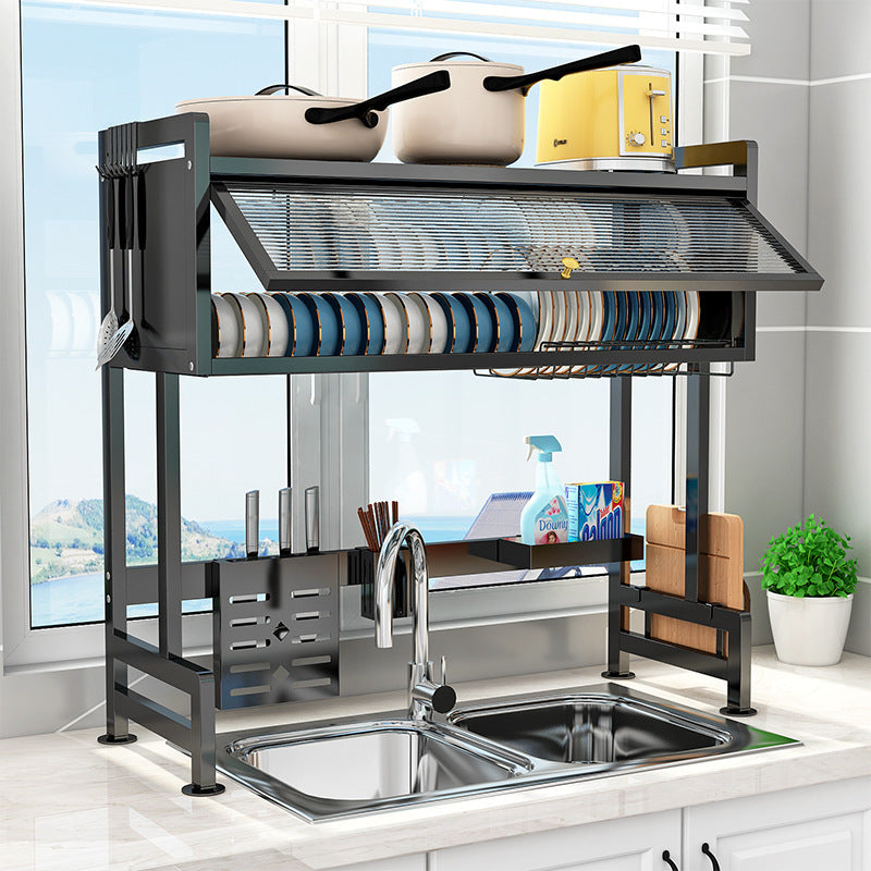 Suport de vase metalic multifunctional cu scurgator, suport pentru ustensile si tacamuri Imagine secundară a produsului