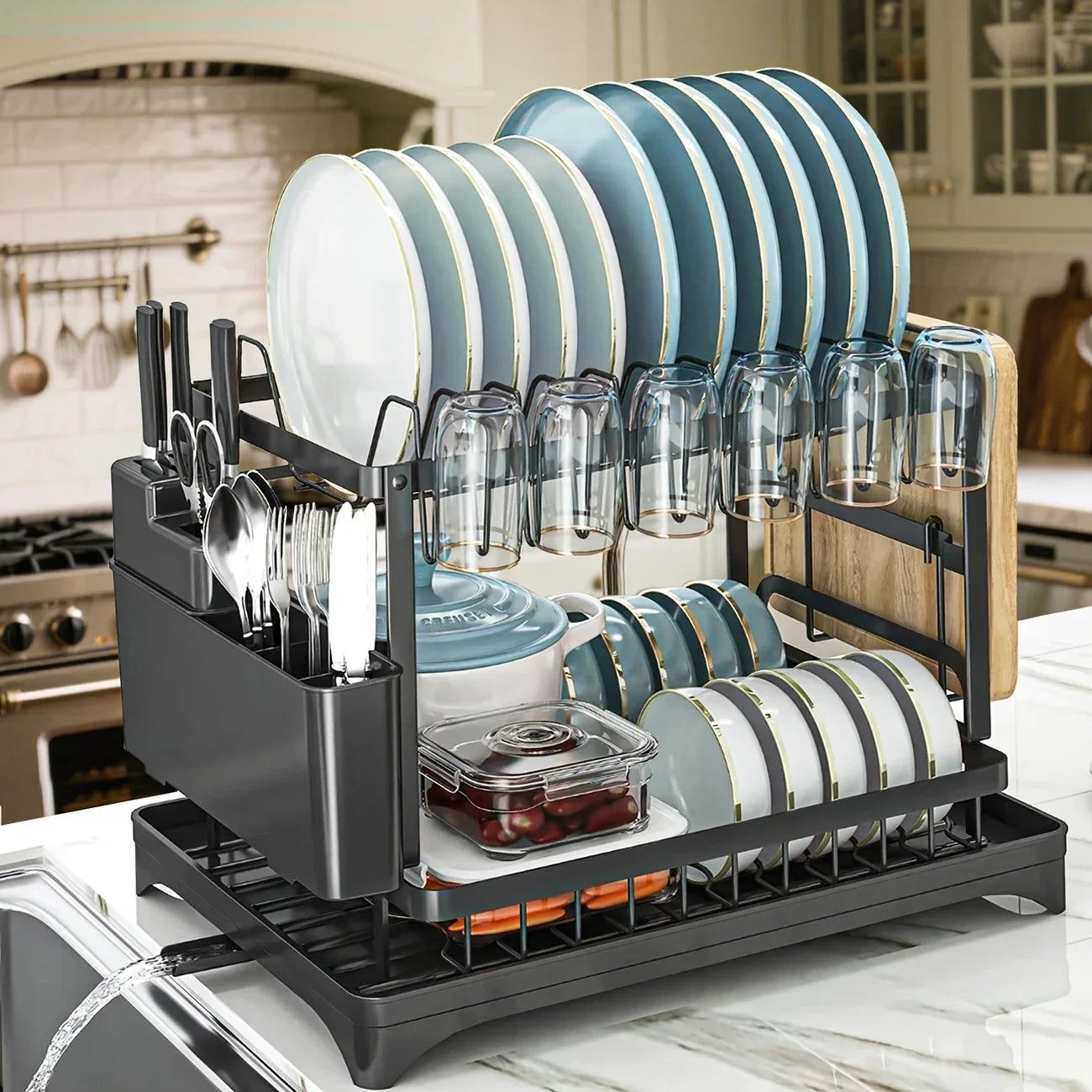 Scurgator vase, design auto-draining, organizator compact, negru, 42x29x29cm Imagine principală a produsului