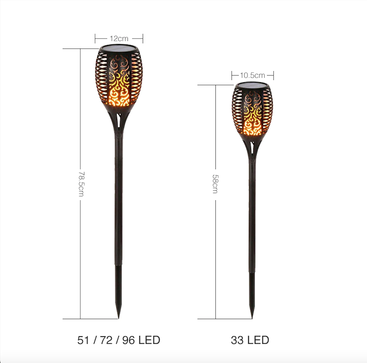 Lampă solara tip torta cu efect flacara, varianta mare 78cm, 96LED
