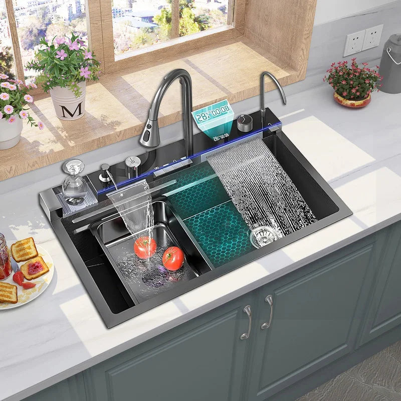 Chiuveta Bucătărie Multifunctionala Negru Grafit cu 2 Cascade, Robinet Cascada, Afisaj Digital Temperatura