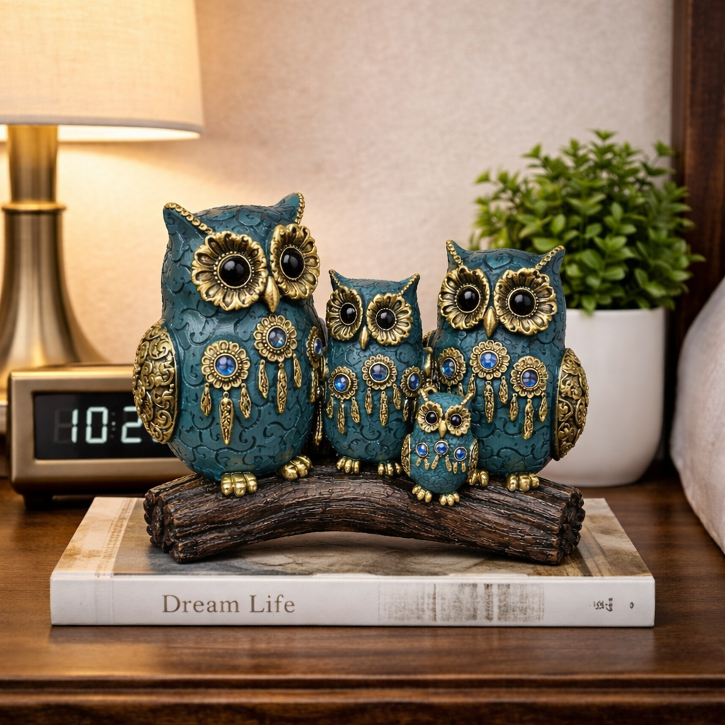Set decorativ Bufnite Familie pe suport tip ramura – 18.6 x 14.5 cm Imagine secundară a produsului