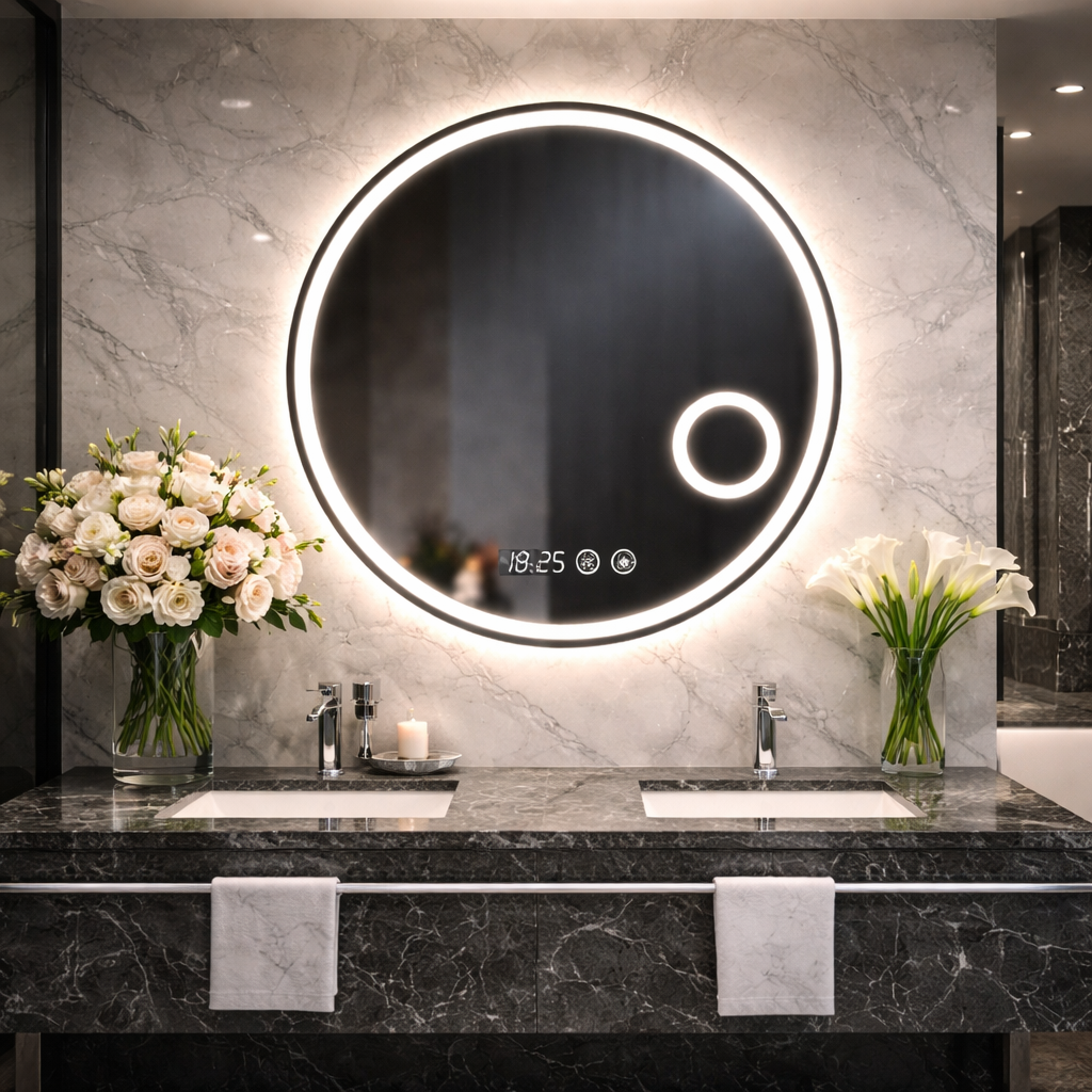 Oglindă LED Rotunda 70 cm cu Ceas, Dezaburire si Lupa Cosmetica