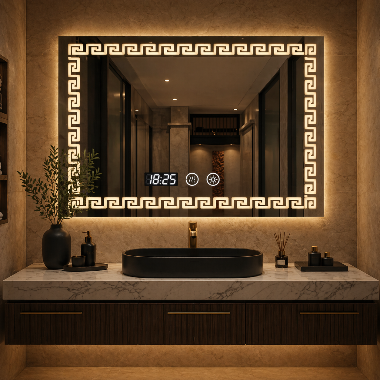 Oglindă LED Premium pentru Baie 80x60 cm Iluminare 3 Culori Ceas si Antiaburire Imagine principală a produsului