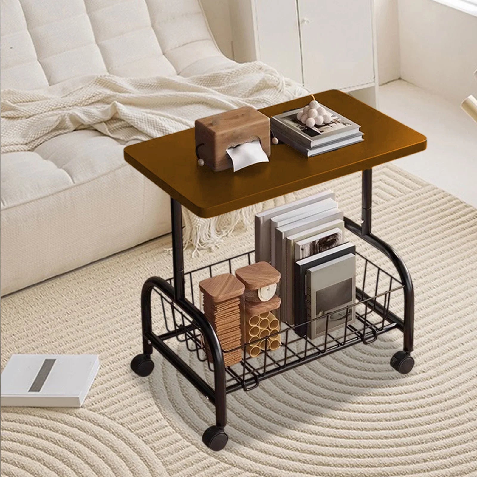 Masuta laterala tip coffee table, carucior mobil cu blat si rafturi metalic, 50x40x30 cm
