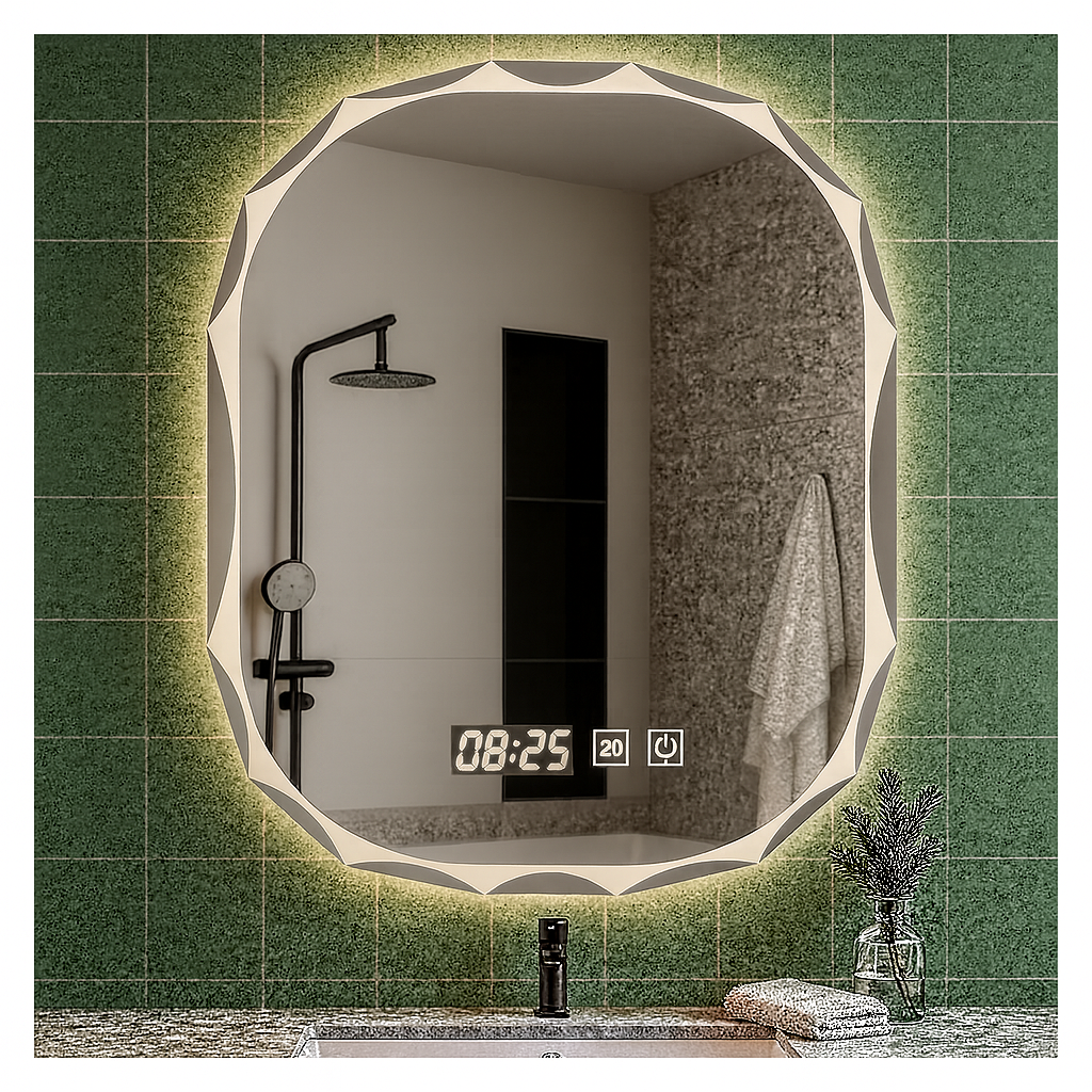 Oglindă Baie LED Ovală cu Senzor Touch, Dezaburire si Ceas – Design Modern 80 x 60 cm