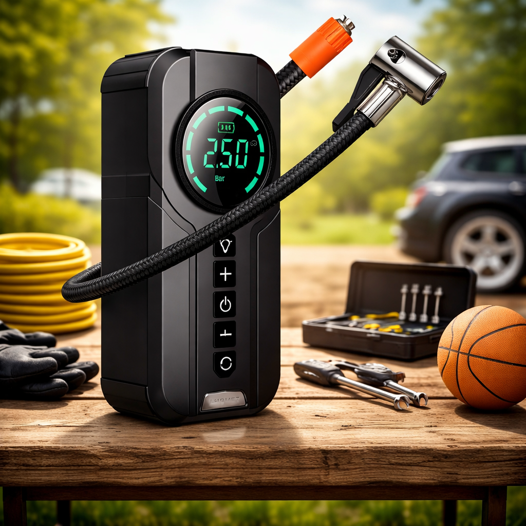 Compresor auto multifunctional 5 in 1 cu pornire urgenta, afisaj digital si baterie externa Imagine principală a produsului