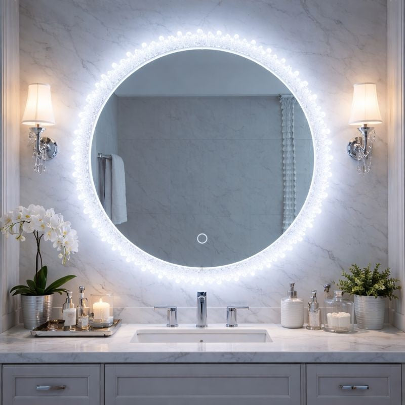 Oglindă baie LED rotunda 55 cm cu buton touch si iluminare perimetrala