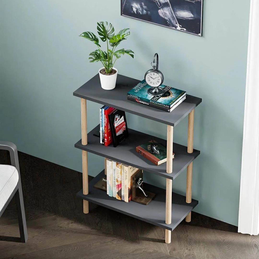 Etajera decorativa cu 3 rafturi si picioare din lemn – ideala ca biblioteca sau masuta laterala Imagine secundară a produsului