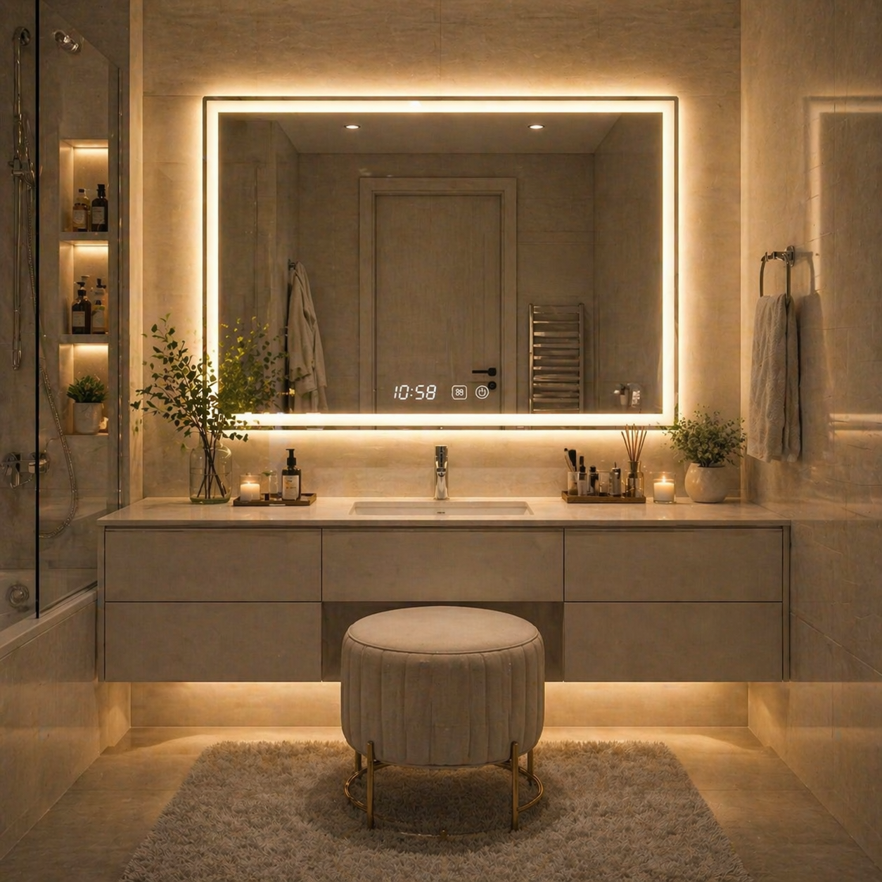 Oglindă LED 90 x 70 cm cu Afisaj Digital si Dezaburire – Design Modern pentru Baie