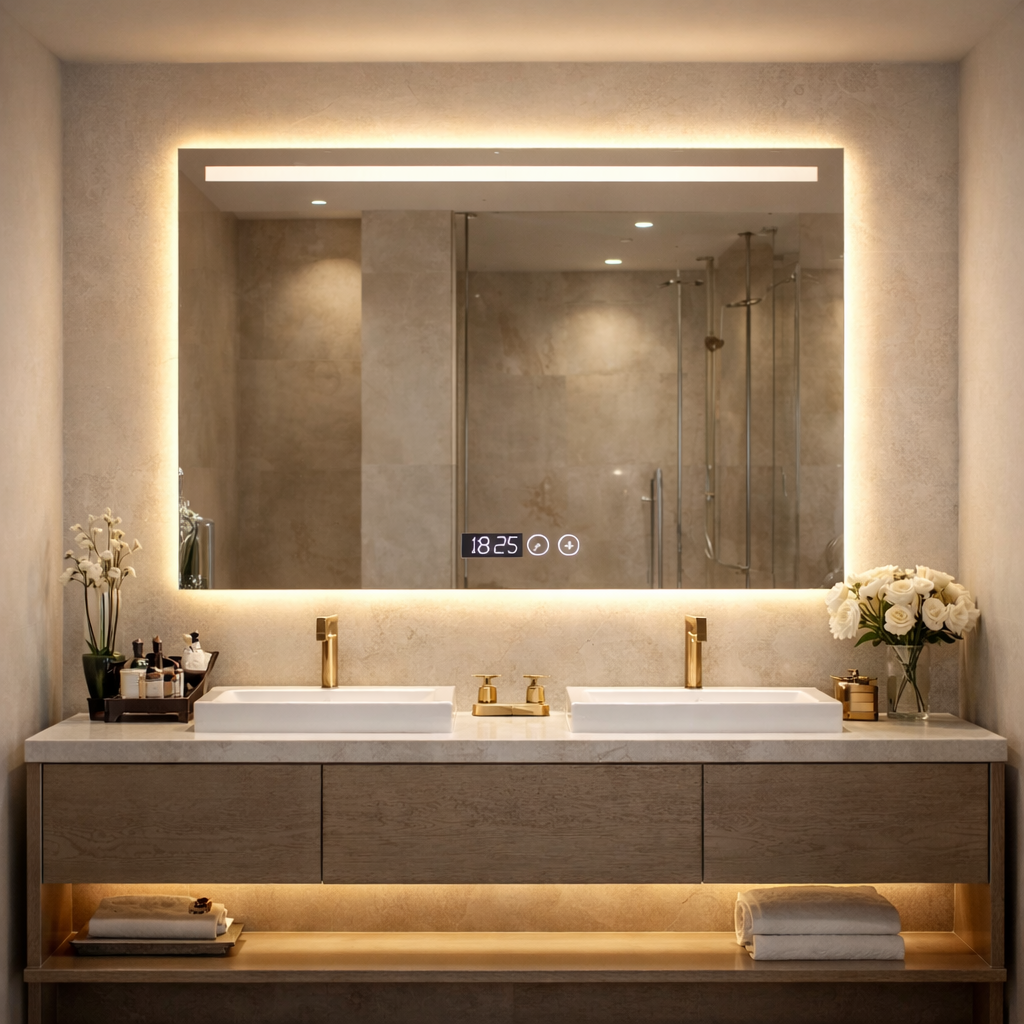 Oglindă LED, cu ceas digital si dezaburire, iluminare reglabila touch, 90x70 cm