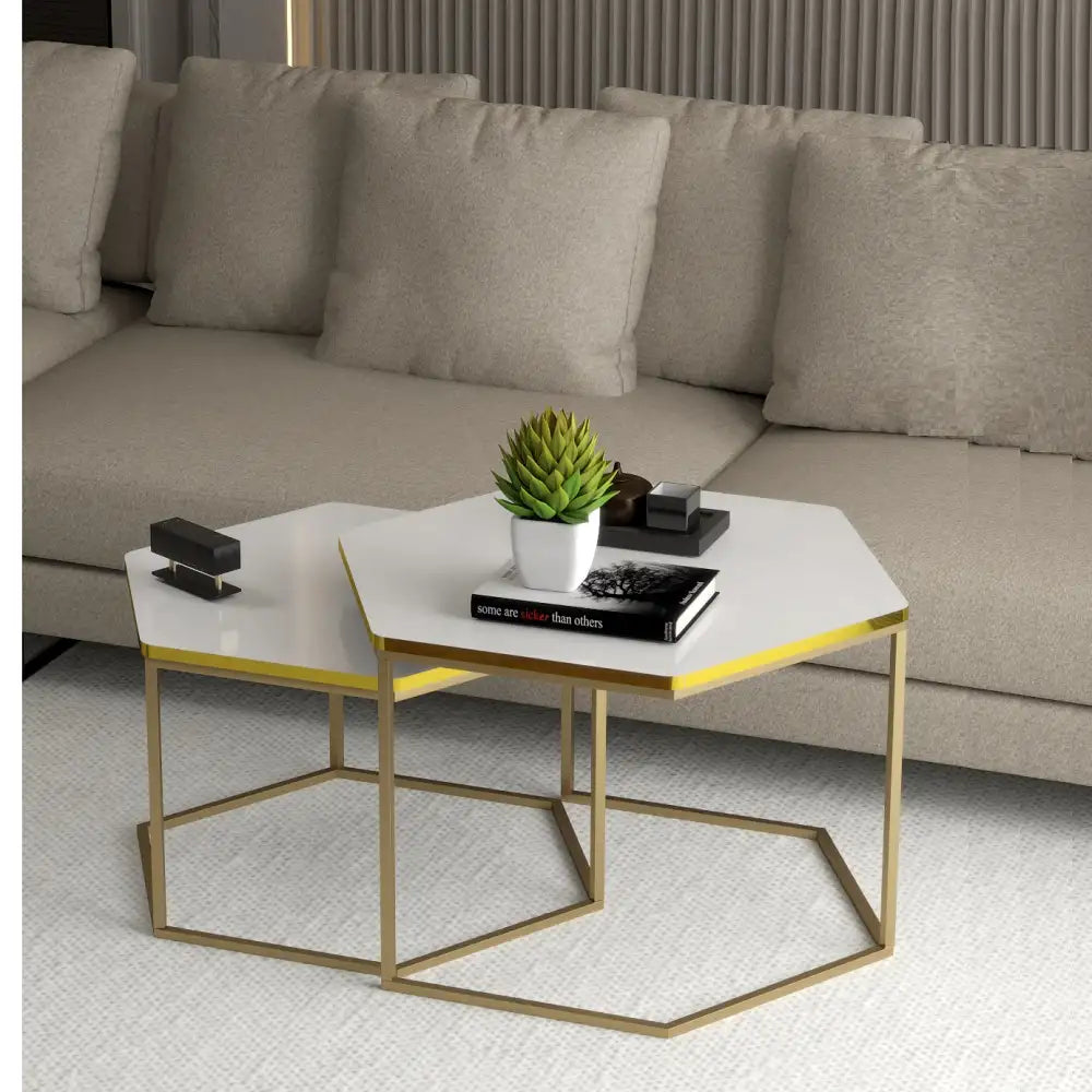 Set de 2 masute hexagonale, design Modern si Elegant cu Cadru Auriu si Blat Alb Imagine secundară a produsului