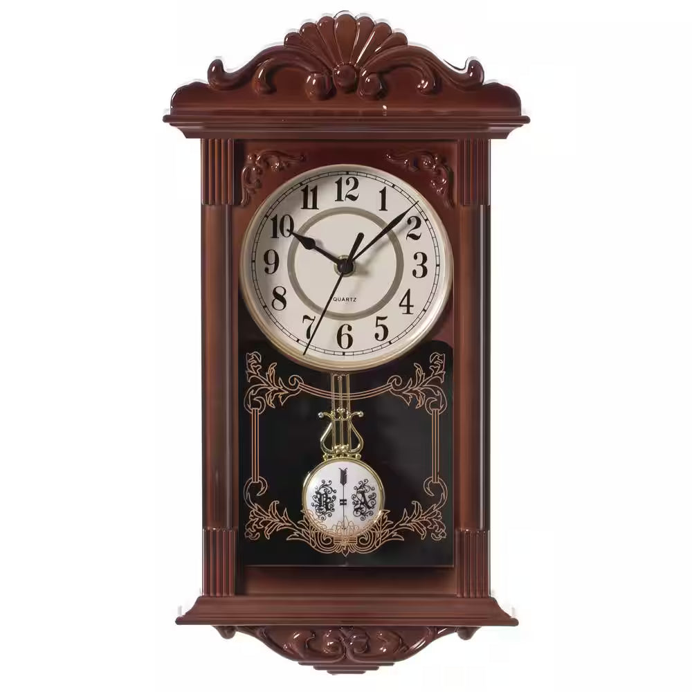 Ceas de perete vintage cu pendul, aspect lemn, 41 cm x 22 cm x 7 cm