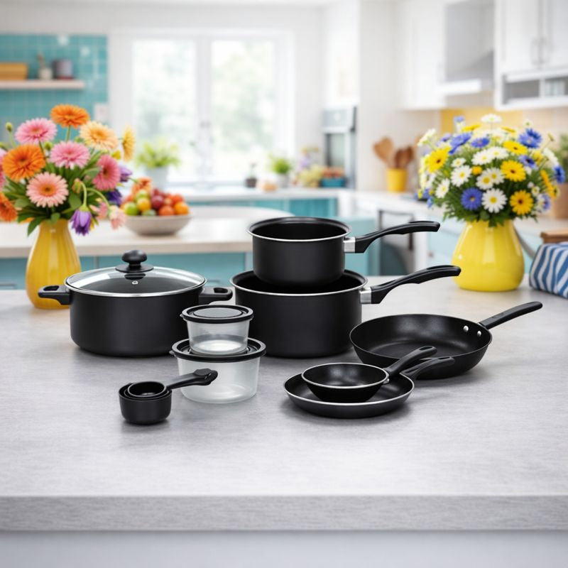 Set Bucătărie Complet, 22 Piese cu Oale, Tigai, Wok, Tavi si Accesorii pentru Gatit, Negru