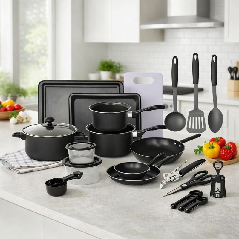 Set Bucătărie Complet, 22 Piese cu Oale, Tigai, Wok, Tavi si Accesorii pentru Gatit, Negru Imagine secundară a produsului
