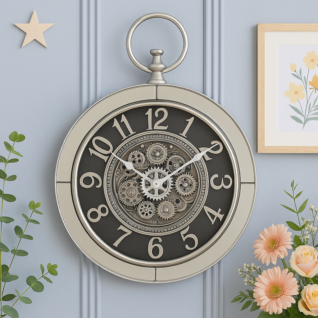 Ceas de Perete Stil Vintage – Design cu Mecanisme Vizibile, Carcasa Metalica cu Oglindă si Detalii Premium