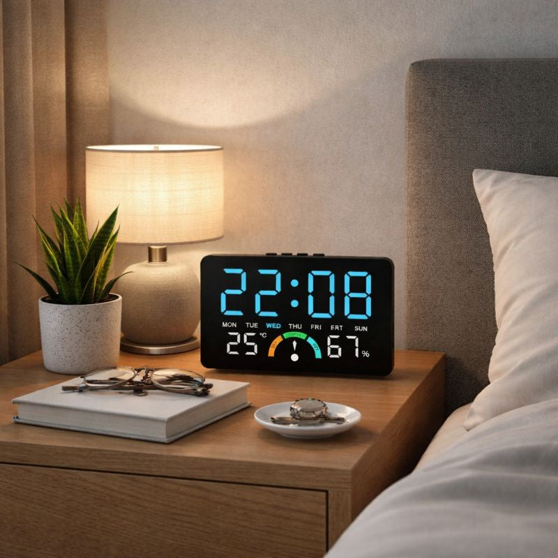Ceas digital LED cu termometru si higrometru Afisaj mare iluminat Imagine principală a produsului