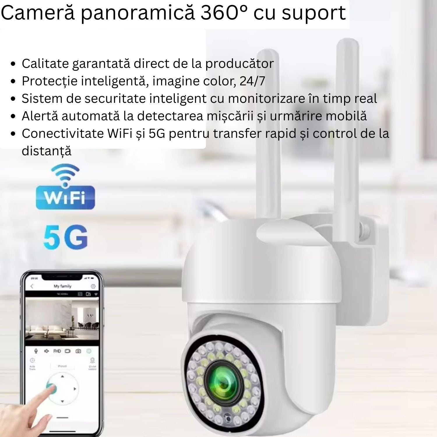 Cameră de supraveghere WIFI pentru exterior, HD panoramica, vedere nocturna