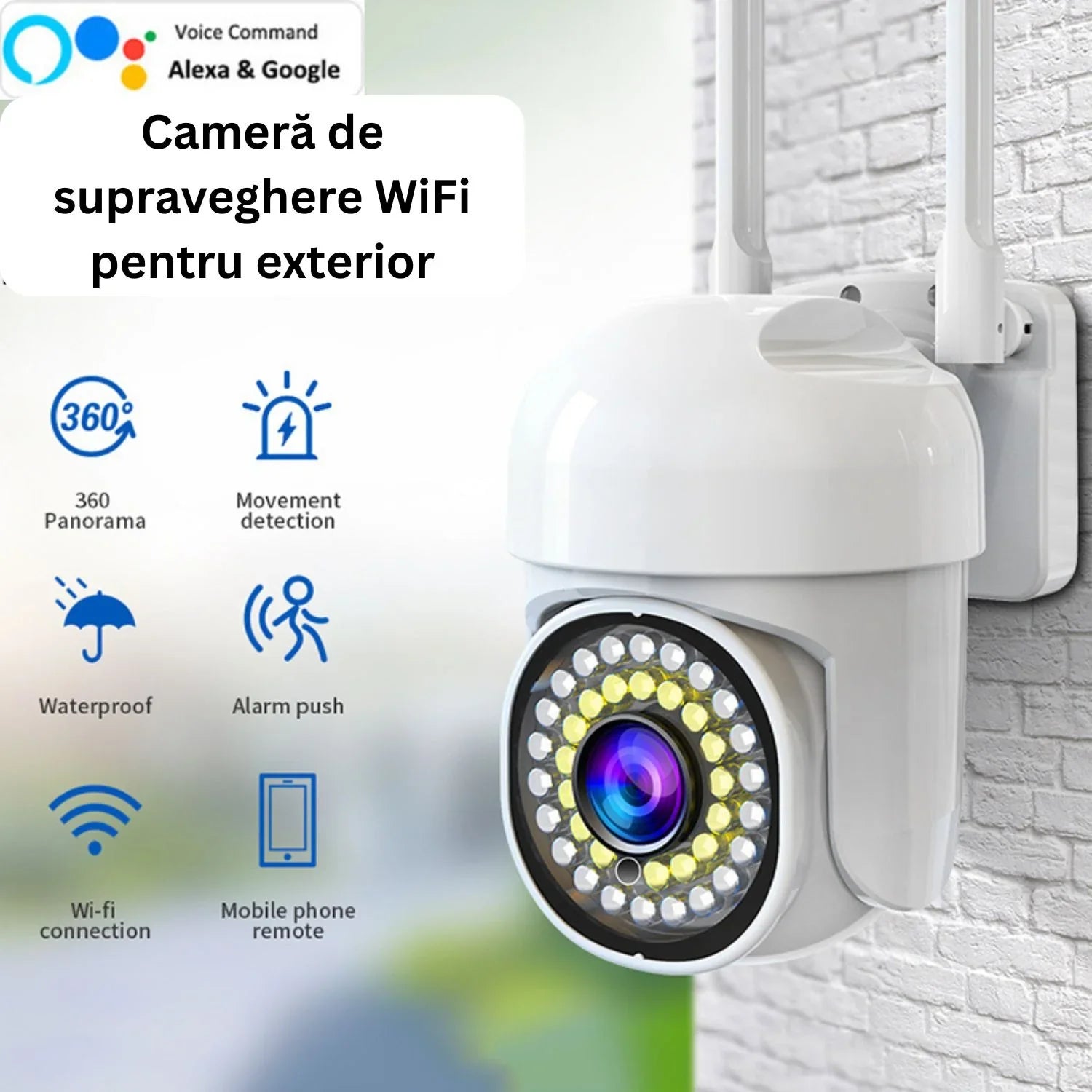 Pachet Cameră de supraveghere WIFI pentru exterior cu Card 32GB Inclus, HD panoramica, vedere nocturna