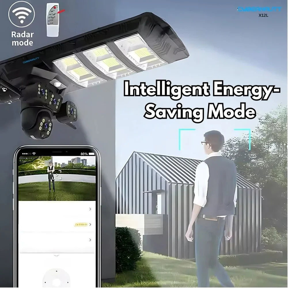 Lampă cu panou solar, 450 W, cu 3 camere supraveghere incorporate, slot sim, 4G, 12MP