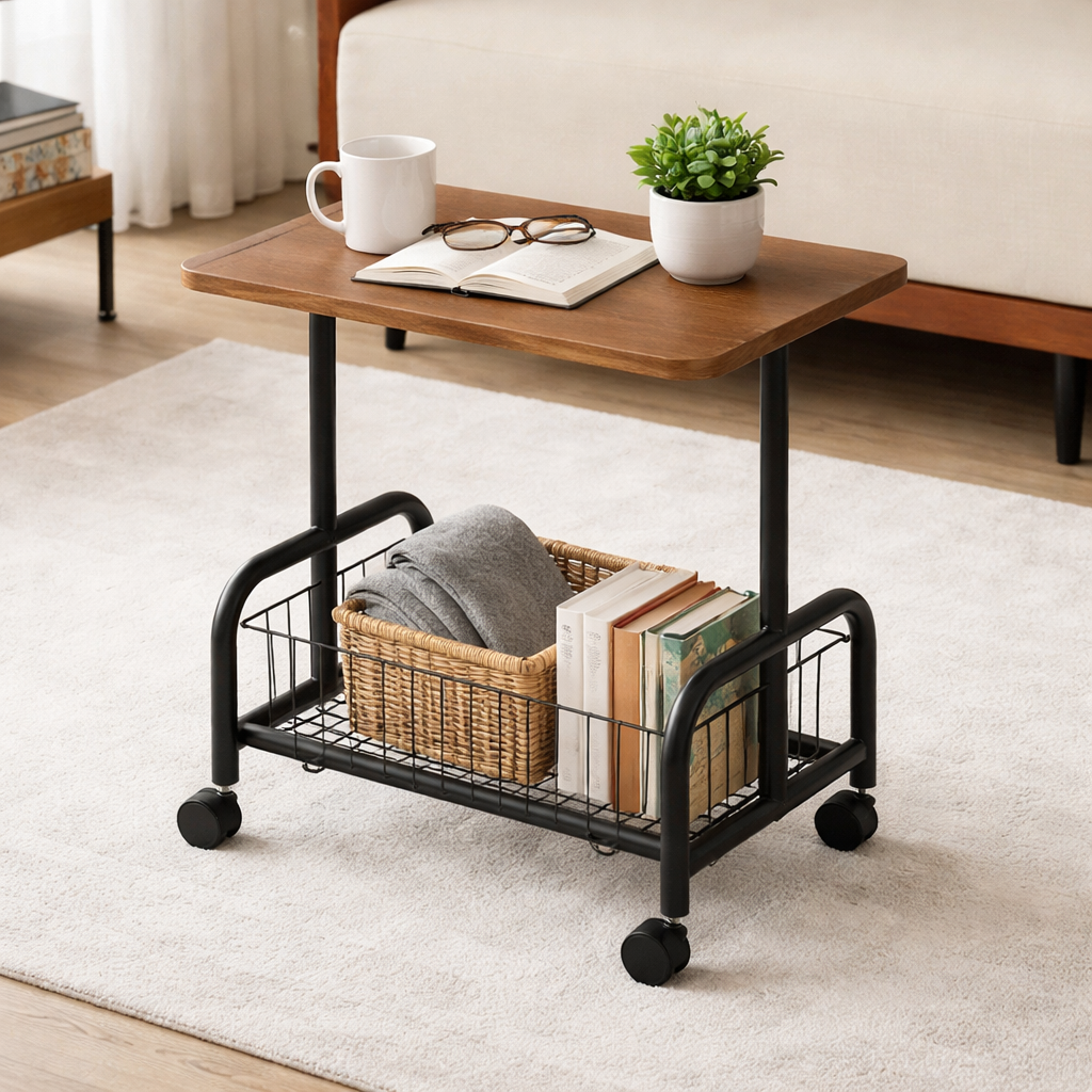 Masuta laterala tip coffee table, carucior mobil cu blat si rafturi metalic, 50x40x30 cm Imagine principală a produsului
