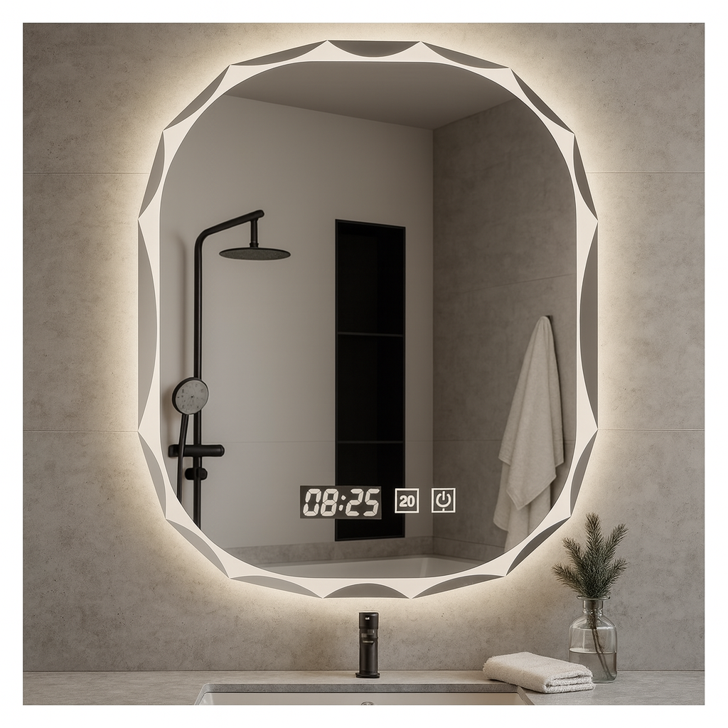 Oglindă Baie LED Ovală cu Senzor Touch, Dezaburire si Ceas – Design Modern 80 x 60 cm