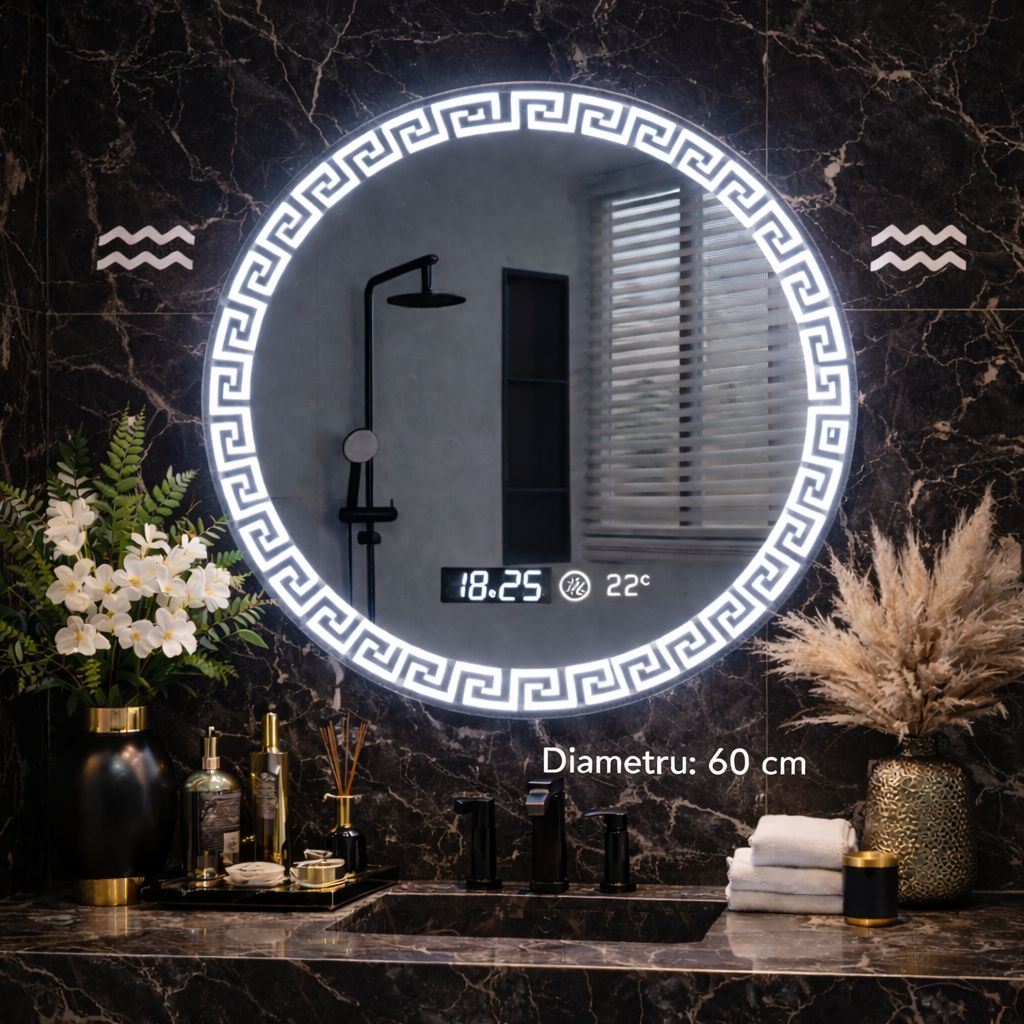 Oglindă LED baie cu iluminare ambientala, functie anti-aburire, ceas si temperatura, 60 cm