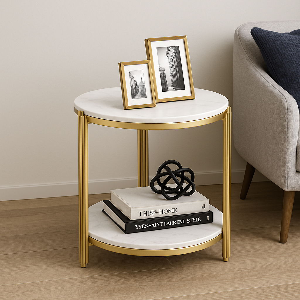 Masuta rotunda pe 2 nivele, blat tip piatra, cadru metalic auriu, design elegant, 60x30 cm Imagine principală a produsului