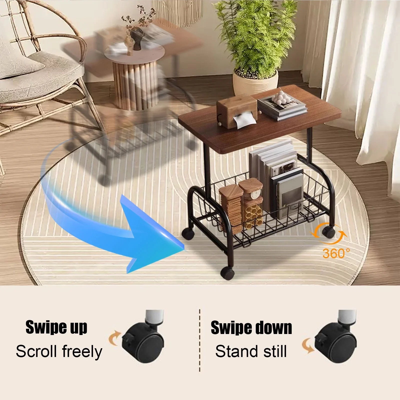 Masuta laterala tip coffee table, carucior mobil cu blat si rafturi metalic, 50x40x30 cm