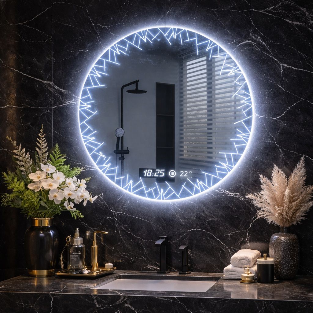 Oglindă LED baie cu dezaburire, ceas si termometru, 80cm
