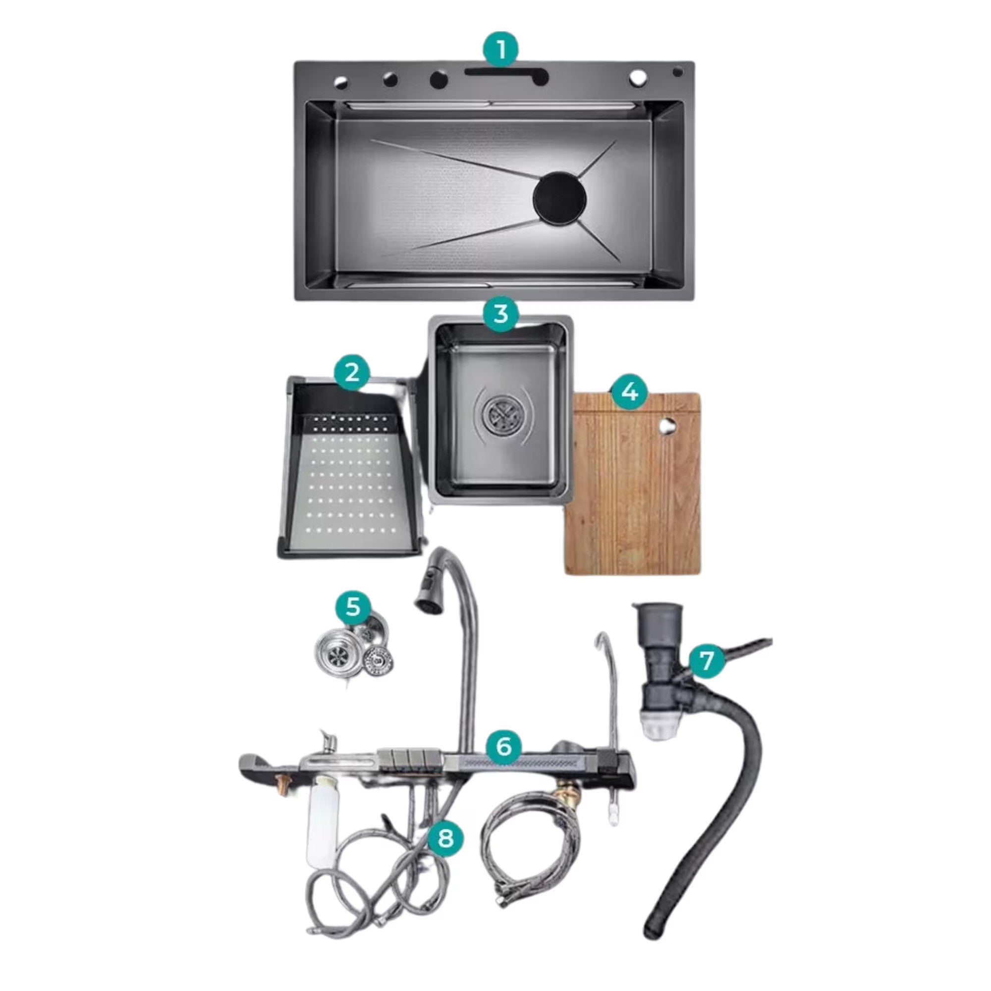 Chiuveta Bucătărie Multifunctionala Negru Grafit cu 2 Cascade, Robinet Cascada, Afisaj Digital Temperatura