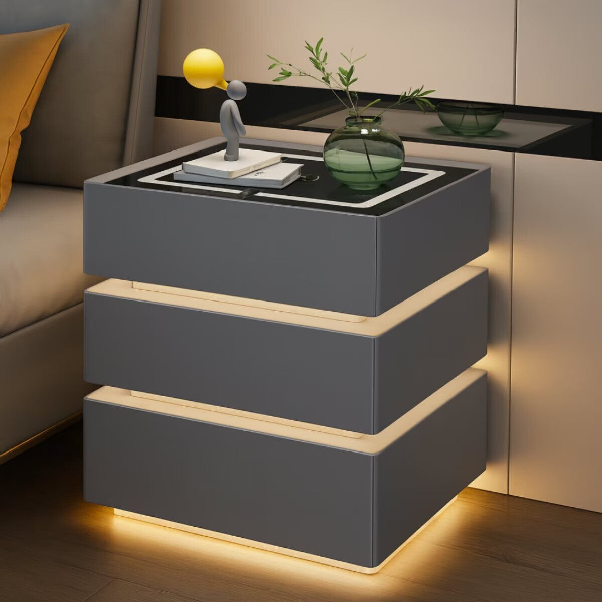 Noptiera inteligenta multifunctionala cu 3 sertare, LED tactil 3 culori, incarcare wireless
