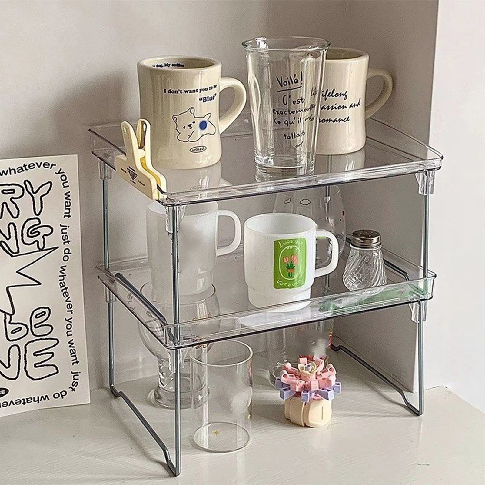 Organizator pliabil pentru Bucătărie, sistem de stivuire, picioare inox, 29 x 21 x 16 cm, transparent