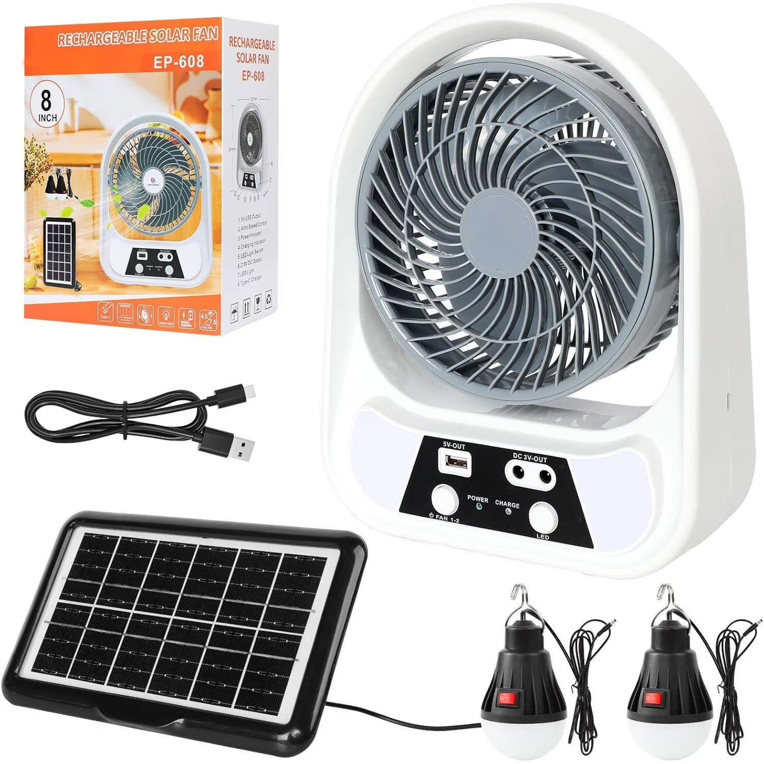 Ventilator cu incarcare solara, 15/20 cm, cu 2 becuri incluse, functie de powerbank, din ABS, cu USB, alb/gri Imagine secundară a produsului