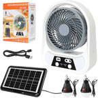 Ventilator cu incarcare solara, 15/20 cm, cu 2 becuri incluse, functie de powerbank, din ABS, cu USB, alb/gri