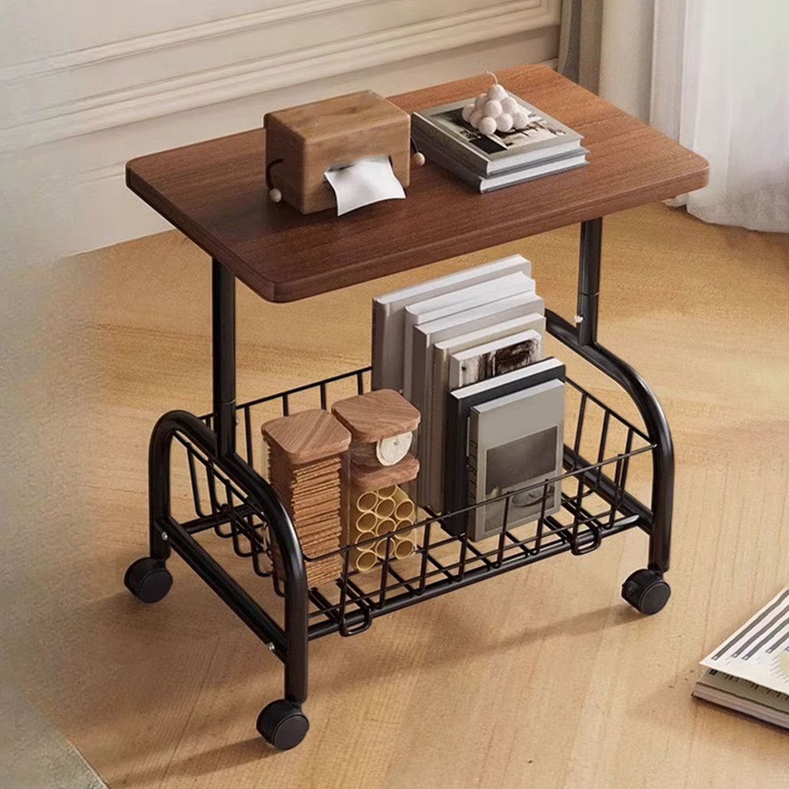 Masuta laterala tip coffee table, carucior mobil cu blat si rafturi metalic, 50x40x30 cm Imagine secundară a produsului