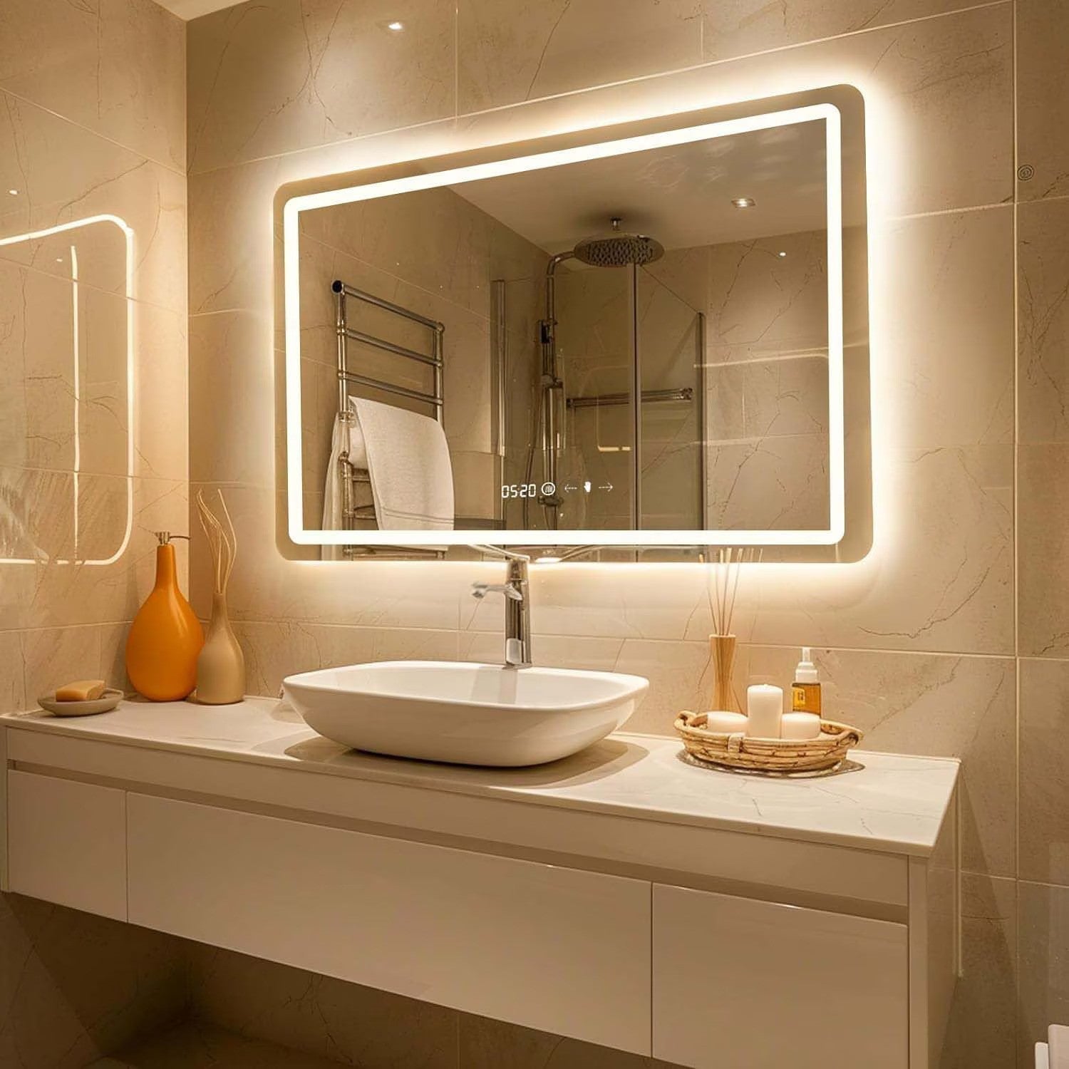 Oglindă LED pentru baie 60x80 cm, sistem Dezaburire, Senzor Touch, Ceas, Trei Tipuri de Lumina Imagine principală a produsului