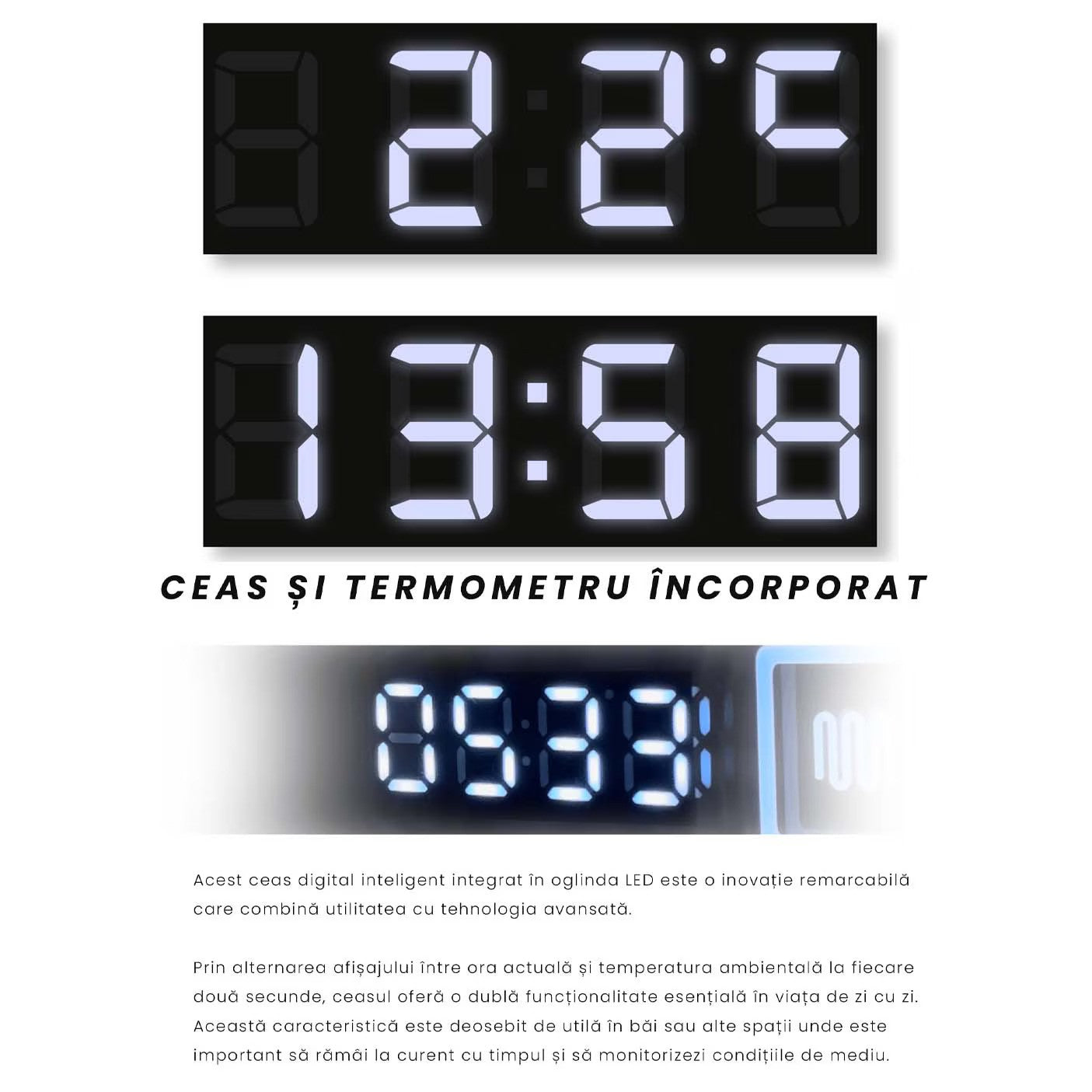 Oglindă LED pentru baie 60x80 cm, sistem Dezaburire, Senzor Touch, Ceas, Trei Tipuri de Lumina