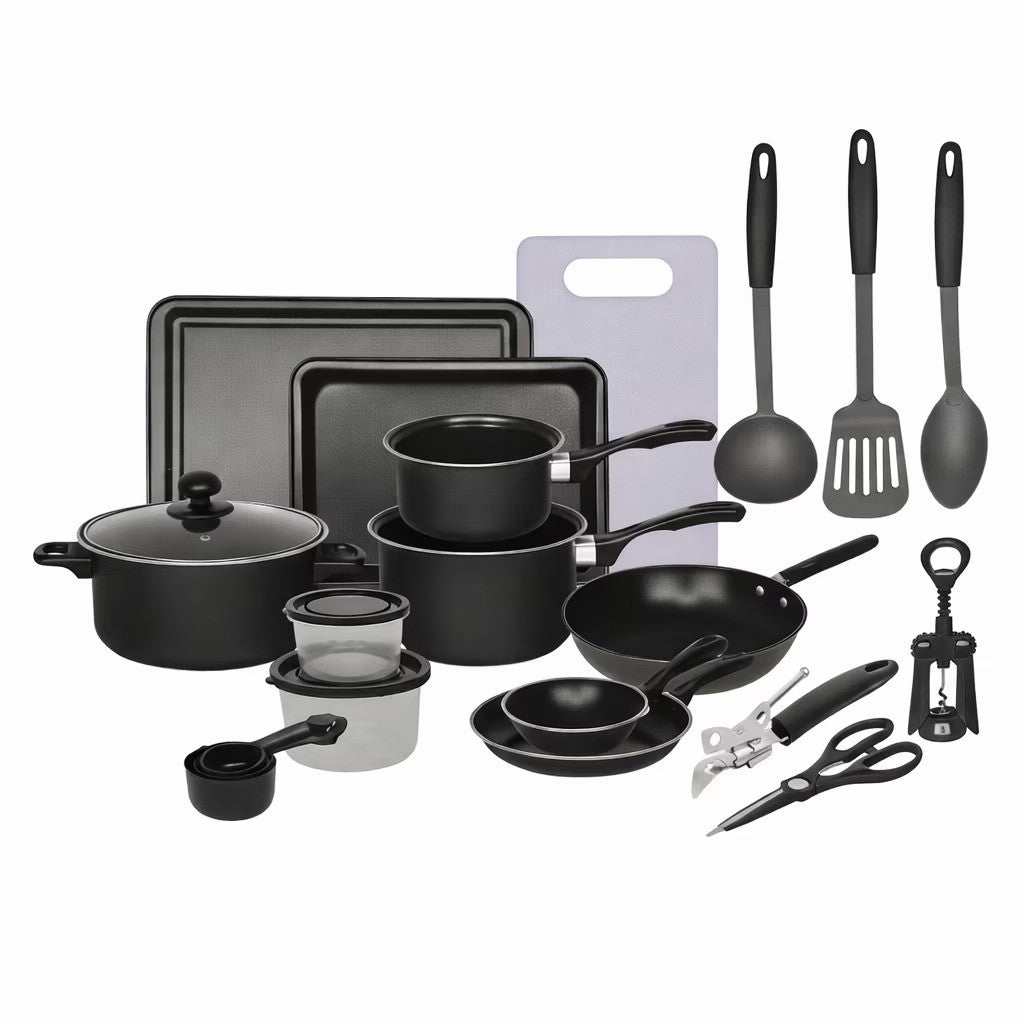 Set Bucătărie Complet, 22 Piese cu Oale, Tigai, Wok, Tavi si Accesorii pentru Gatit, Negru