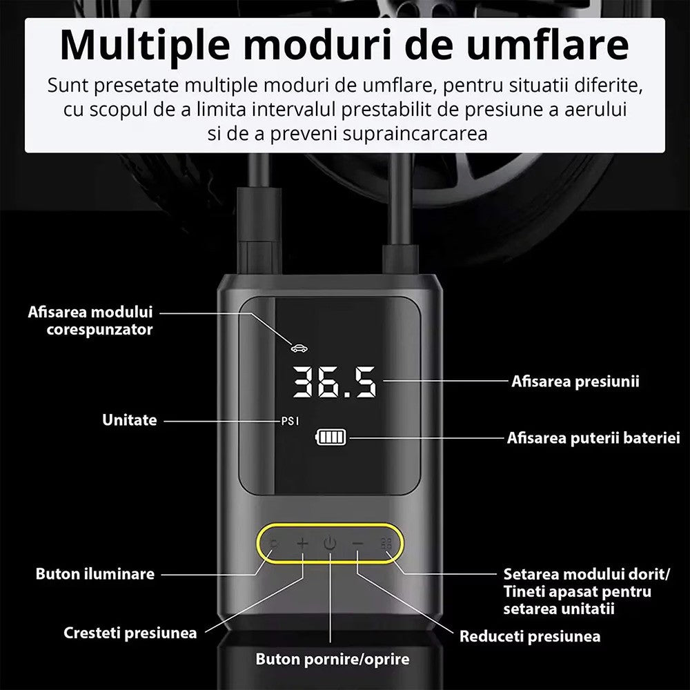 Pompa aer auto electrica, afisaj digital LCD, Lanterna LED