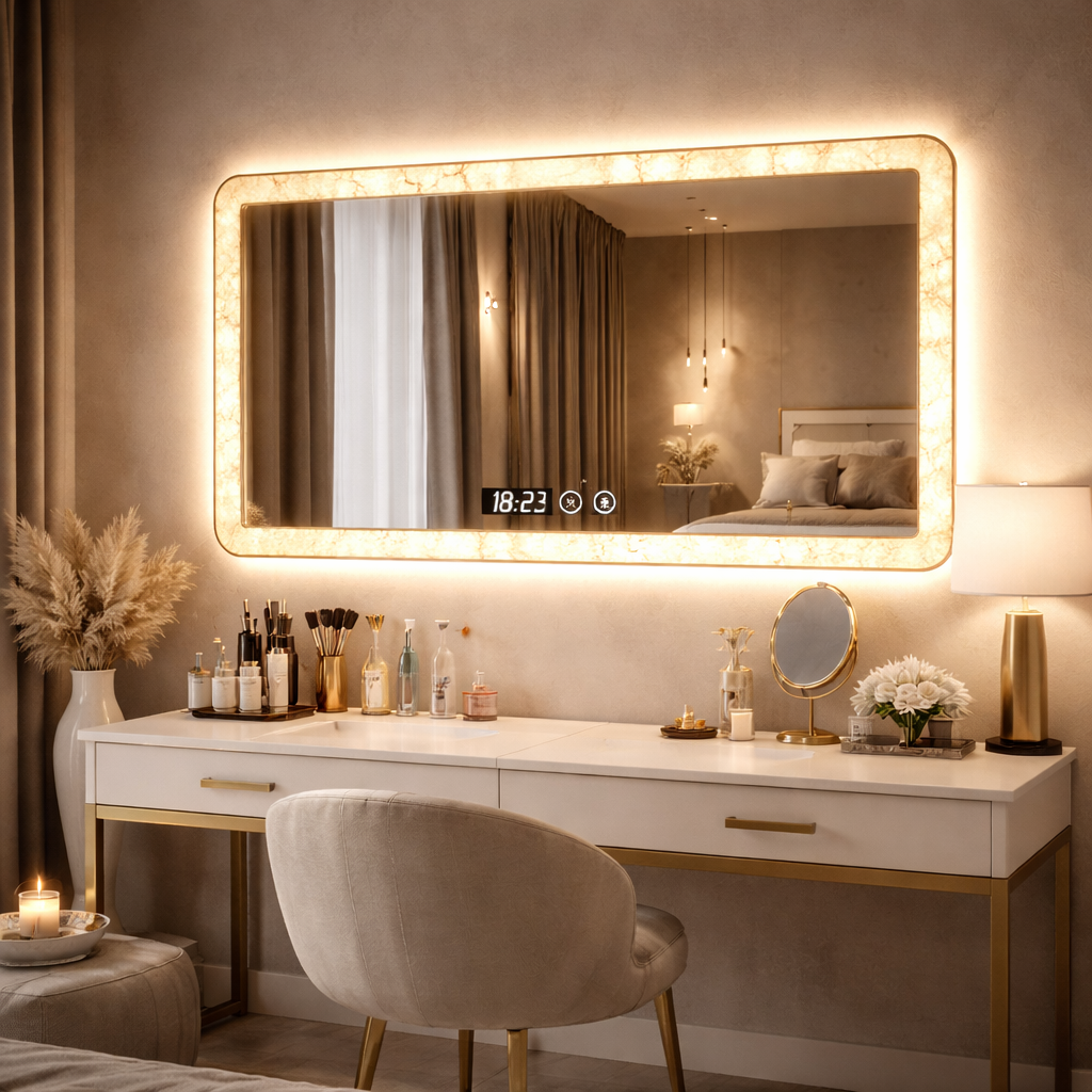 Oglindă LED, 60 x 80 cm, touch, dezaburire, 3 tipuri lumina, ceas digital Imagine principală a produsului