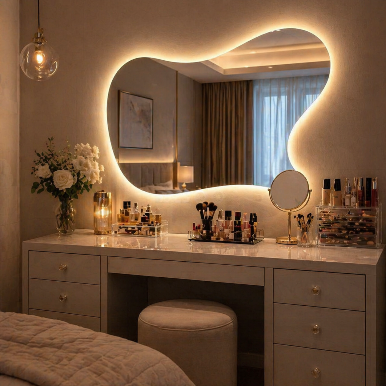 Oglindă LED moderna 80x60, design fluid, cu touch si iluminare ambientala