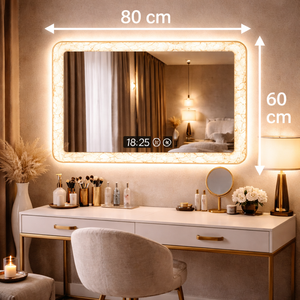 Oglindă LED, 60 x 80 cm, touch, dezaburire, 3 tipuri lumina, ceas digital