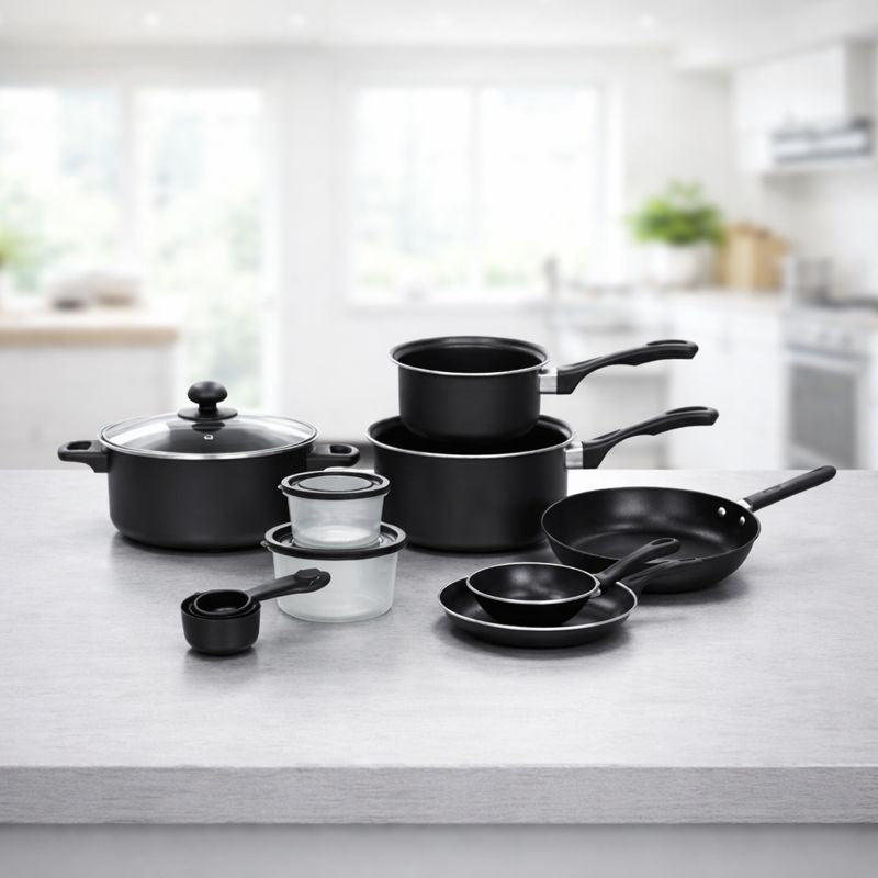 Set Bucătărie Complet, 22 Piese cu Oale, Tigai, Wok, Tavi si Accesorii pentru Gatit, Negru
