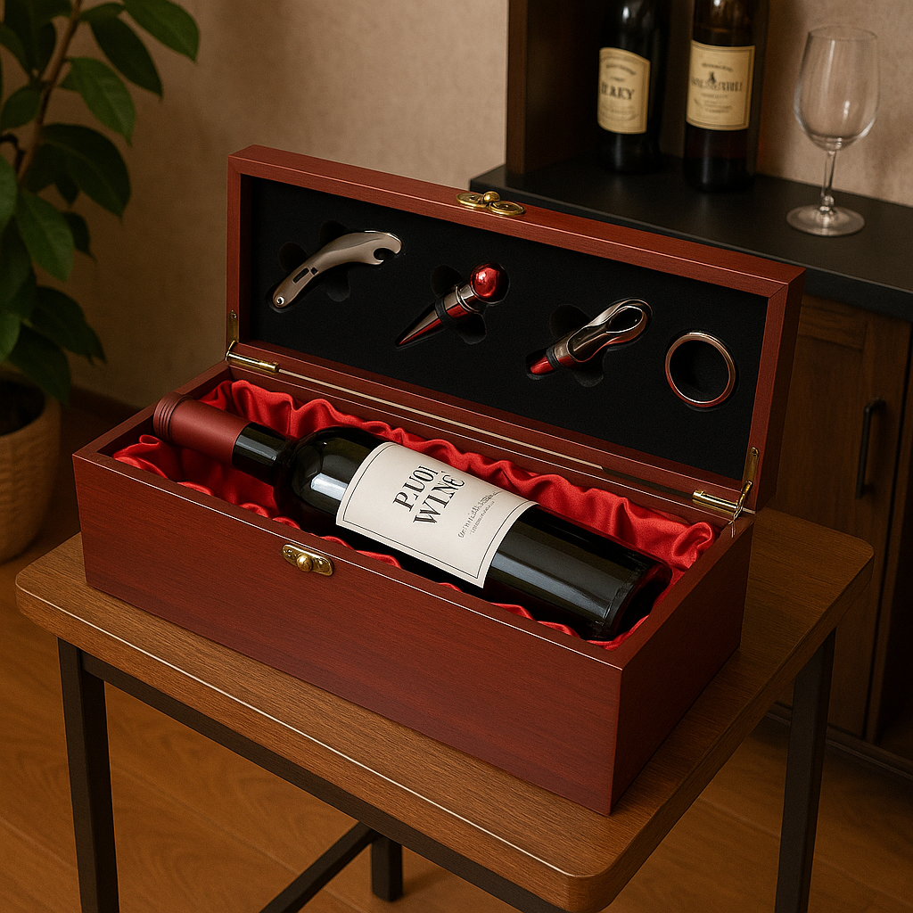 Set Cadou Cutie din Lemn pentru Sticla de Vin cu Accesorii – Elegant si Premium Imagine principală a produsului