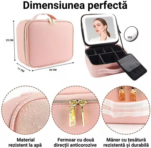Geanta Cosmetica Pentru Make-up cu Oglindă LED cu Touch, 26x23x11 cm