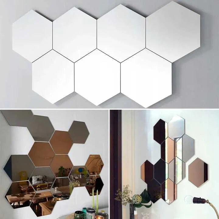 Set 12 oglinzi acrilice autoadezive decorative forma hexagon, diametru 7, 13, 20 si 23 cm Imagine secundară a produsului