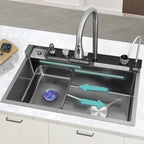 Chiuveta Bucătărie Multifunctionala Negru Grafit cu 2 Cascade, Robinet Cascada, Afisaj Digital Temperatura