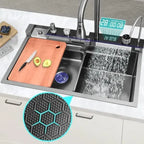 Chiuveta Bucătărie Multifunctionala Negru Grafit cu 2 Cascade, Robinet Cascada, Afisaj Digital Temperatura