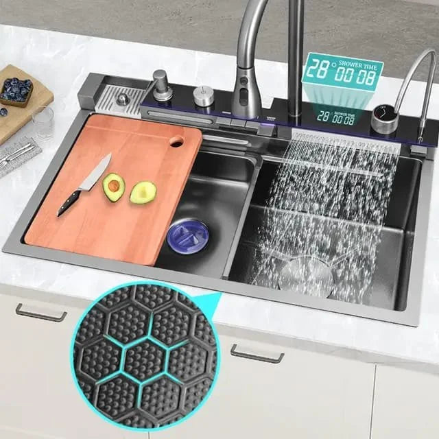 Chiuveta Bucătărie Multifunctionala Negru Grafit cu 2 Cascade, Robinet Cascada, Afisaj Digital Temperatura
