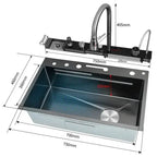 Chiuveta Bucătărie Multifunctionala Negru Grafit cu 2 Cascade, Robinet Cascada, Afisaj Digital Temperatura